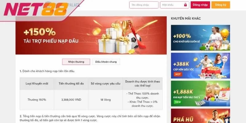 Các loại khuyến mãi Net88 đang triển khai